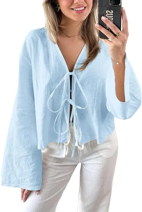 Anouk Women's Casual Deep V Bell Sleeve Strappy Top