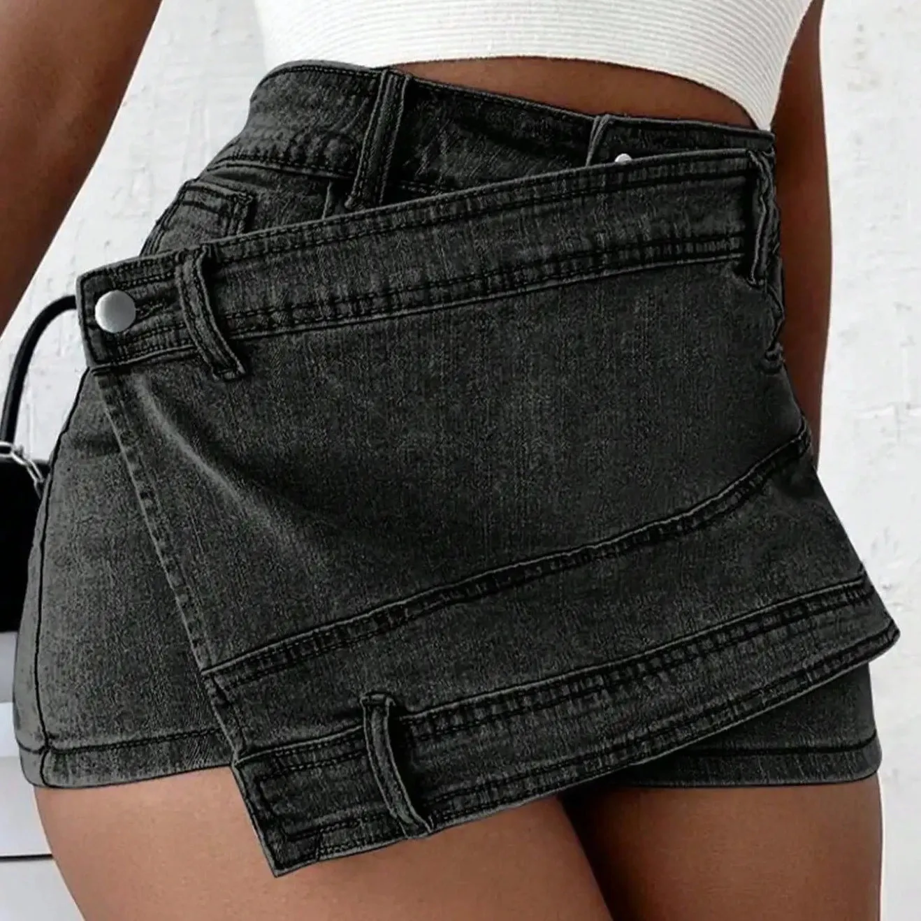Belen - Irregular Wrap Mini Denim Shorts