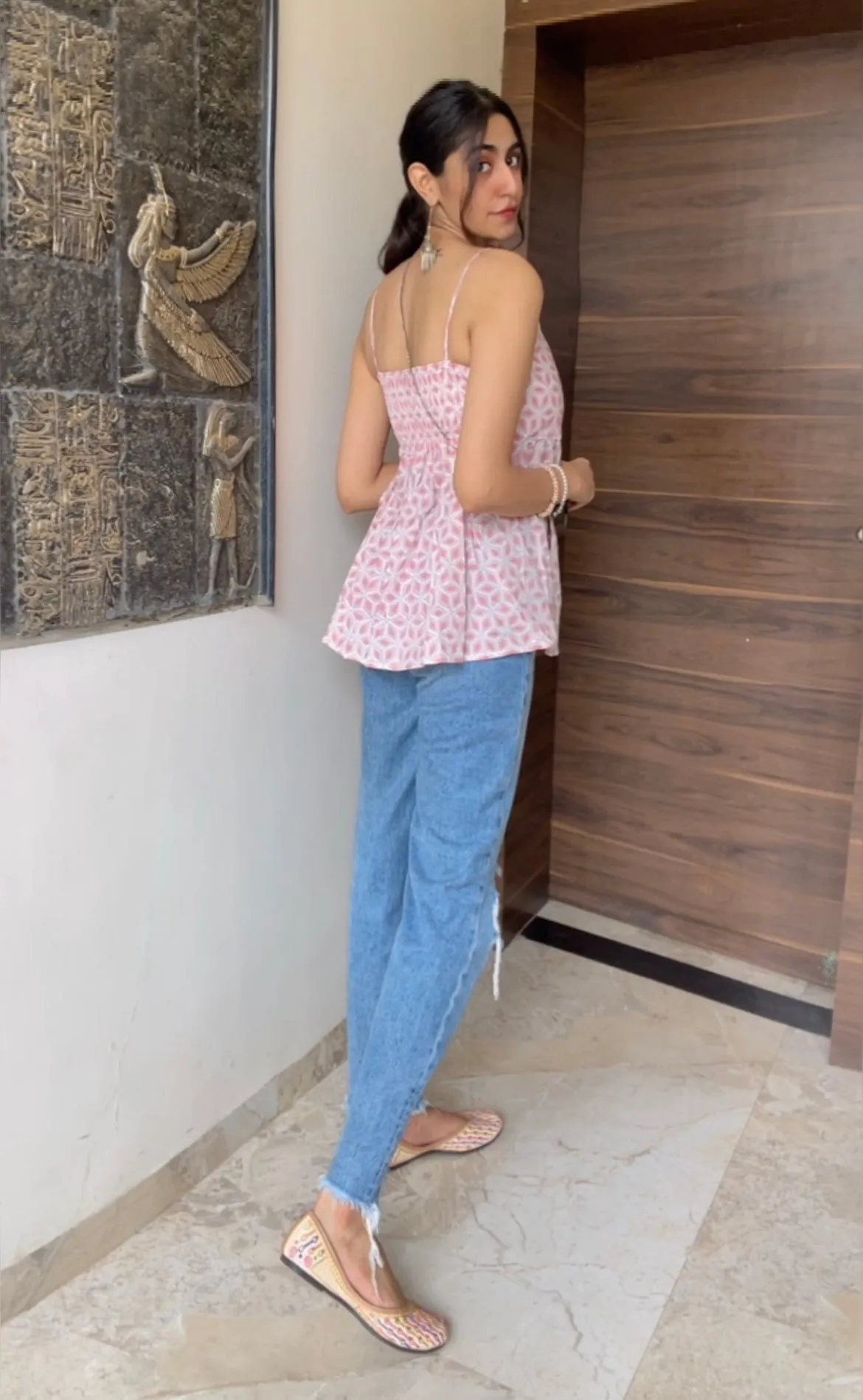 Block Printed Cotton Strappy Top Red