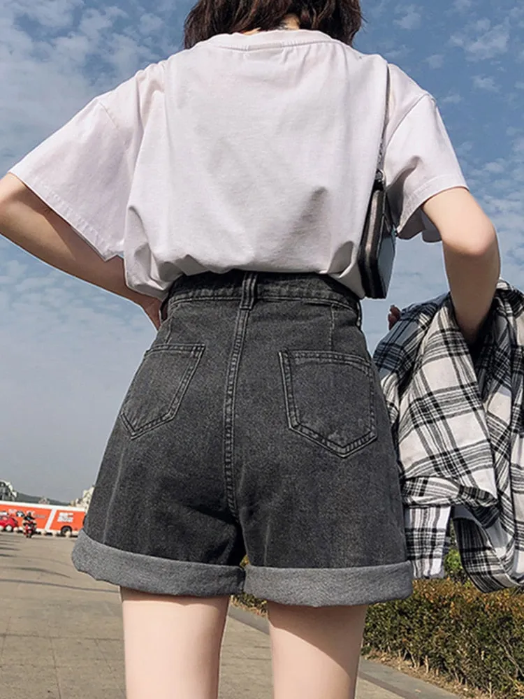 Button Closure High Waist Denim Shorts