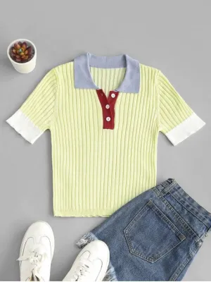 Buttoned Front Colorblock Knitted Tee