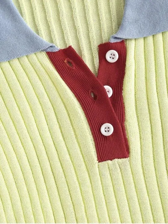 Buttoned Front Colorblock Knitted Tee