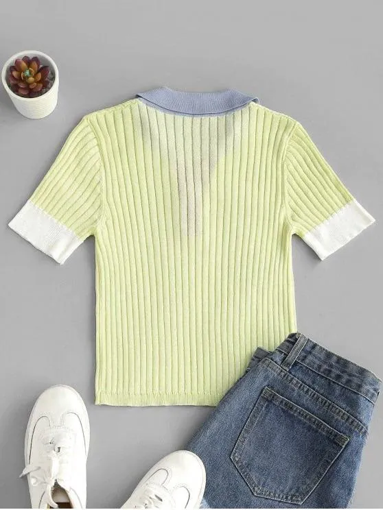 Buttoned Front Colorblock Knitted Tee
