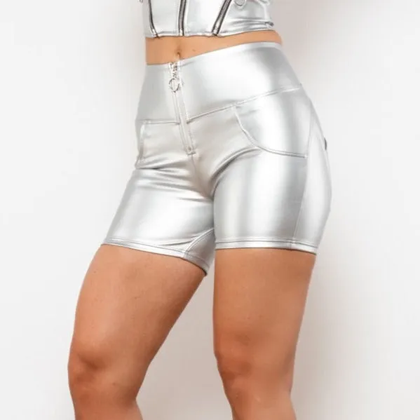 Cheeky Metallic Silver High Waist Butt Lift Shorts