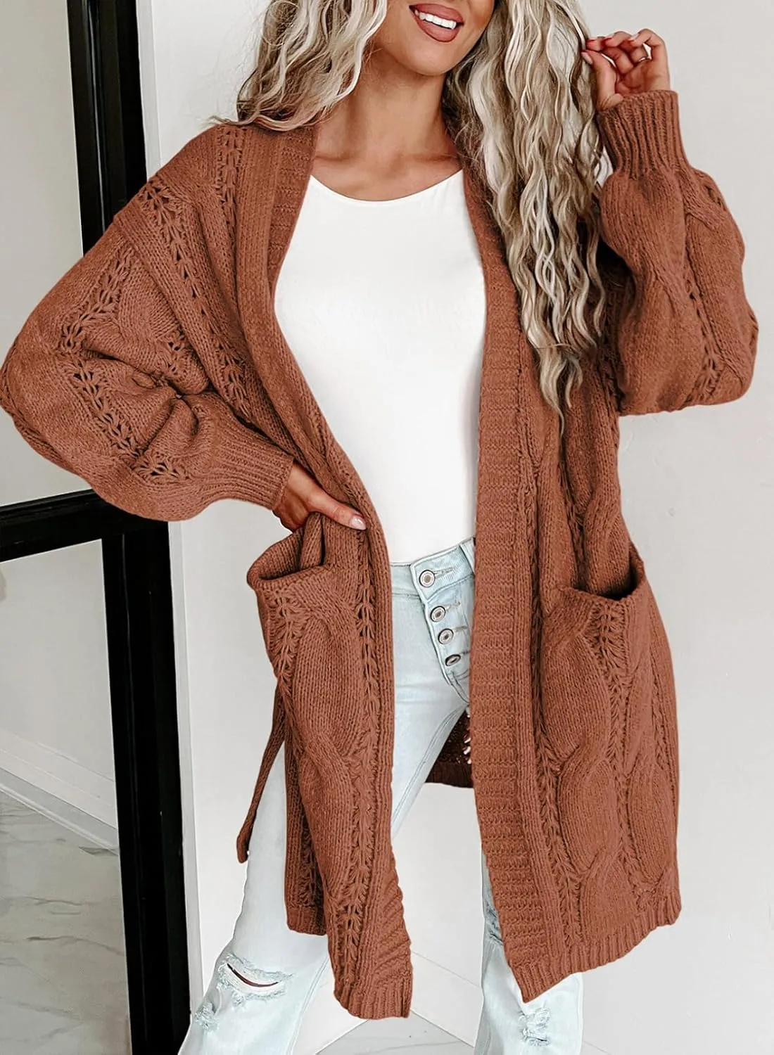 Dokotoo Long Cardigans for Women Open Front Long Sleeves Lightweight Fall Sweaters with Pockets
