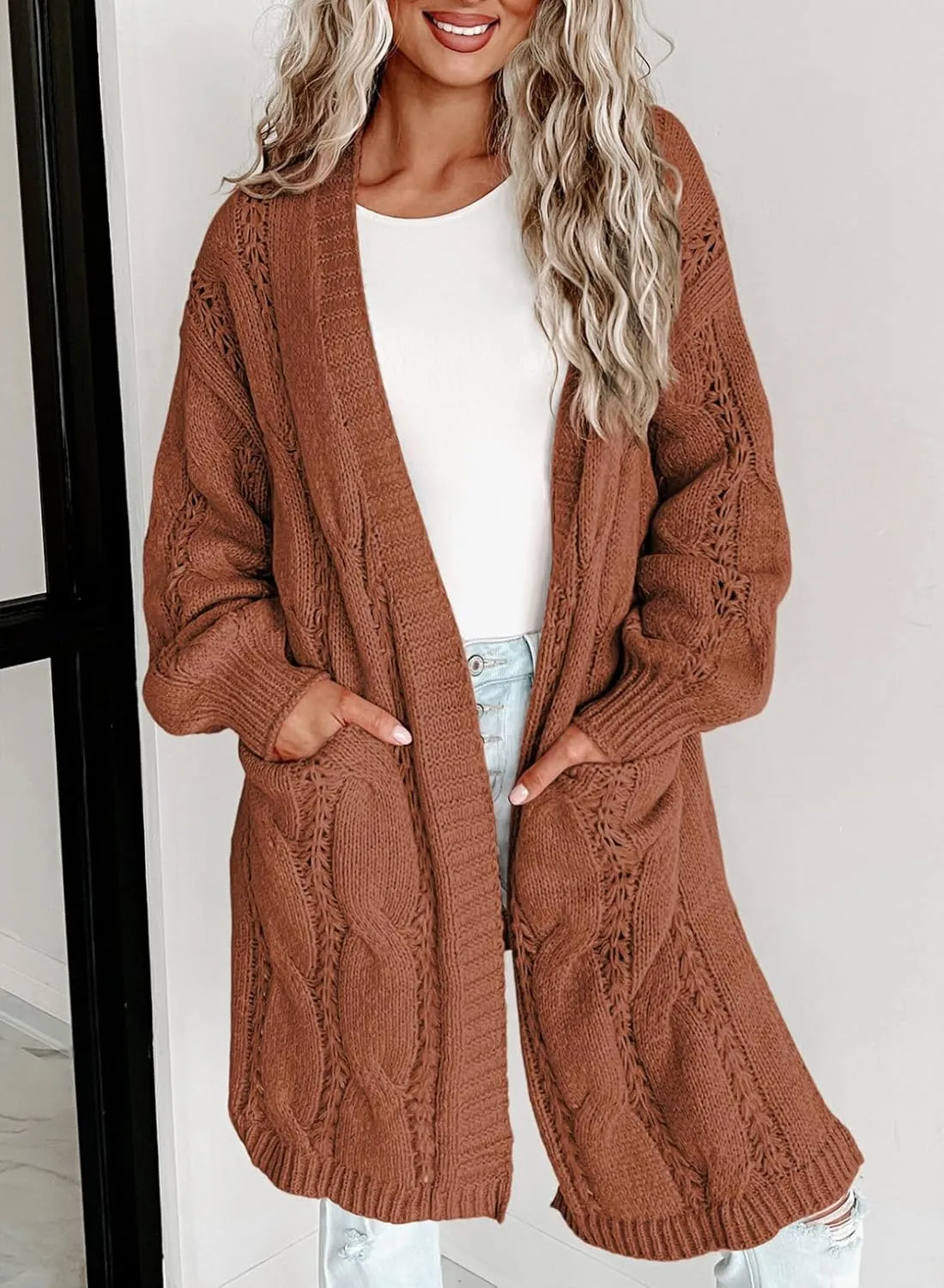 Dokotoo Long Cardigans for Women Open Front Long Sleeves Lightweight Fall Sweaters with Pockets