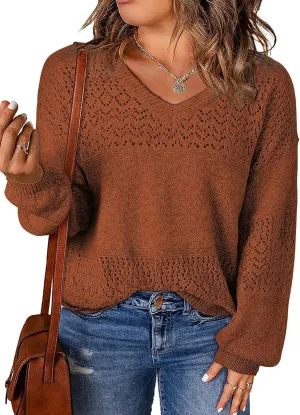 Eytino Womens Plus Size Sweater Casual Long Sleeve V Neck Crochet Knit Lightweight Pullover Sweater Tops(1X-5X)