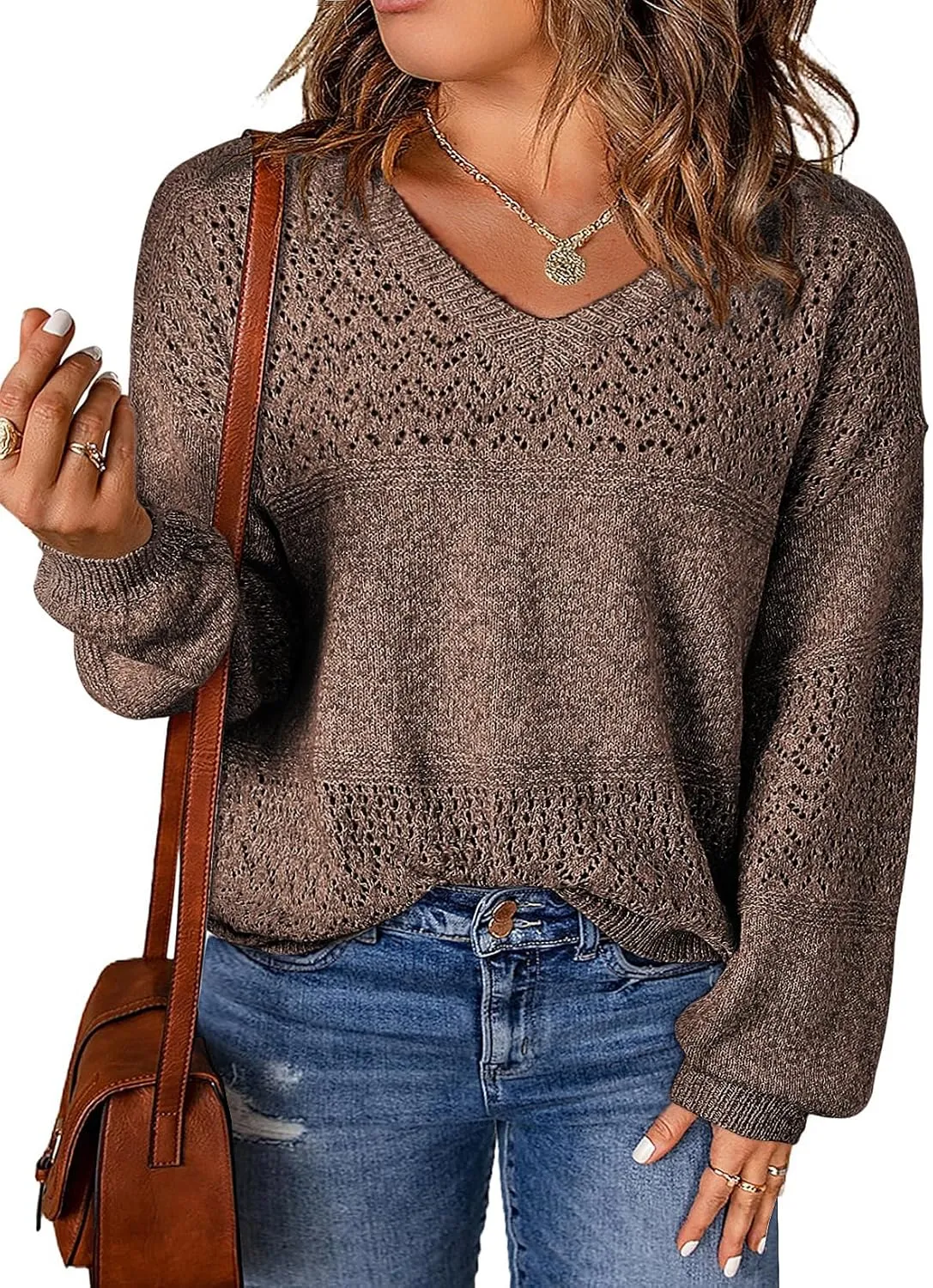 Eytino Womens Plus Size Sweater Casual Long Sleeve V Neck Crochet Knit Lightweight Pullover Sweater Tops(1X-5X)