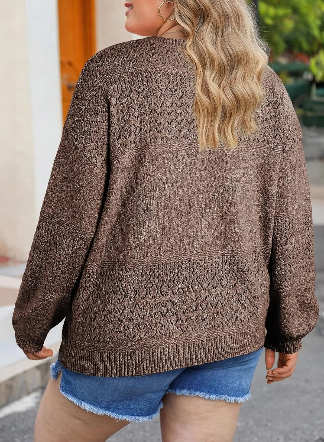 Eytino Womens Plus Size Sweater Casual Long Sleeve V Neck Crochet Knit Lightweight Pullover Sweater Tops(1X-5X)