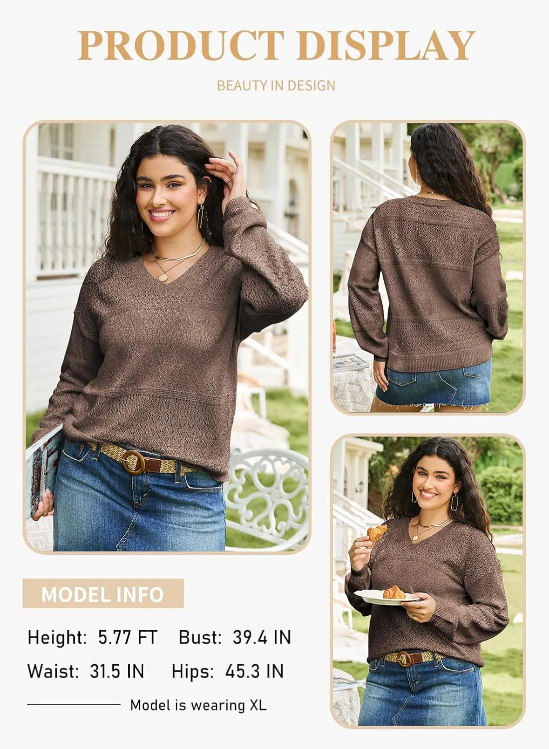 Eytino Womens Plus Size Sweater Casual Long Sleeve V Neck Crochet Knit Lightweight Pullover Sweater Tops(1X-5X)