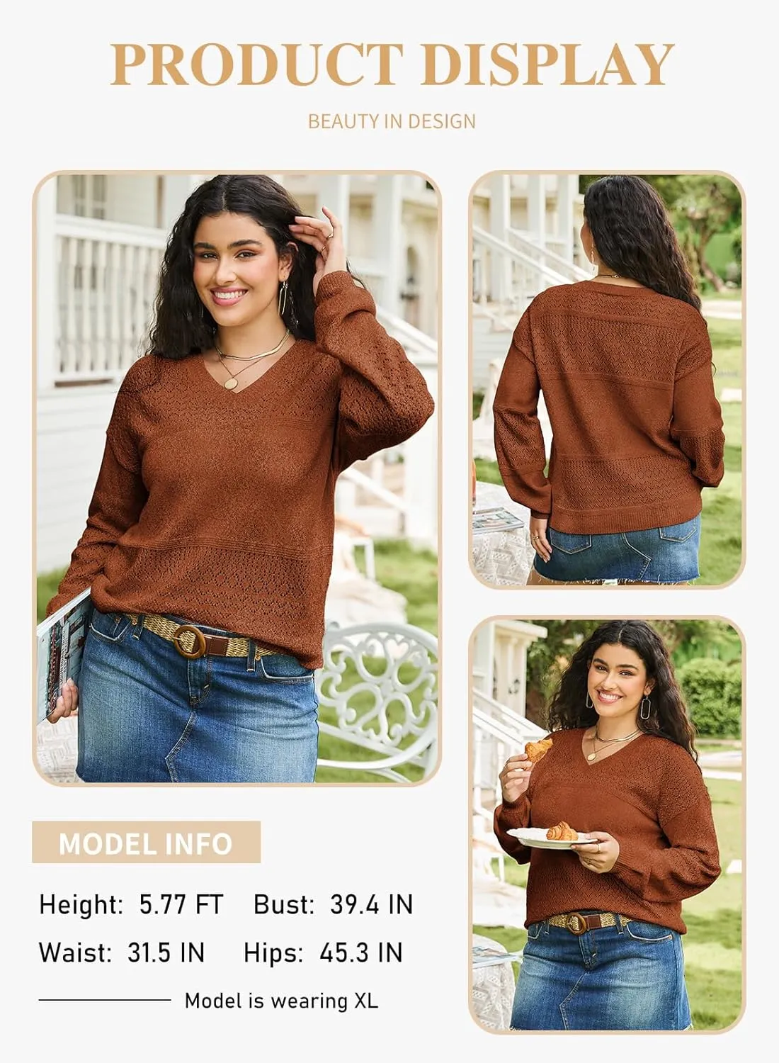 Eytino Womens Plus Size Sweater Casual Long Sleeve V Neck Crochet Knit Lightweight Pullover Sweater Tops(1X-5X)