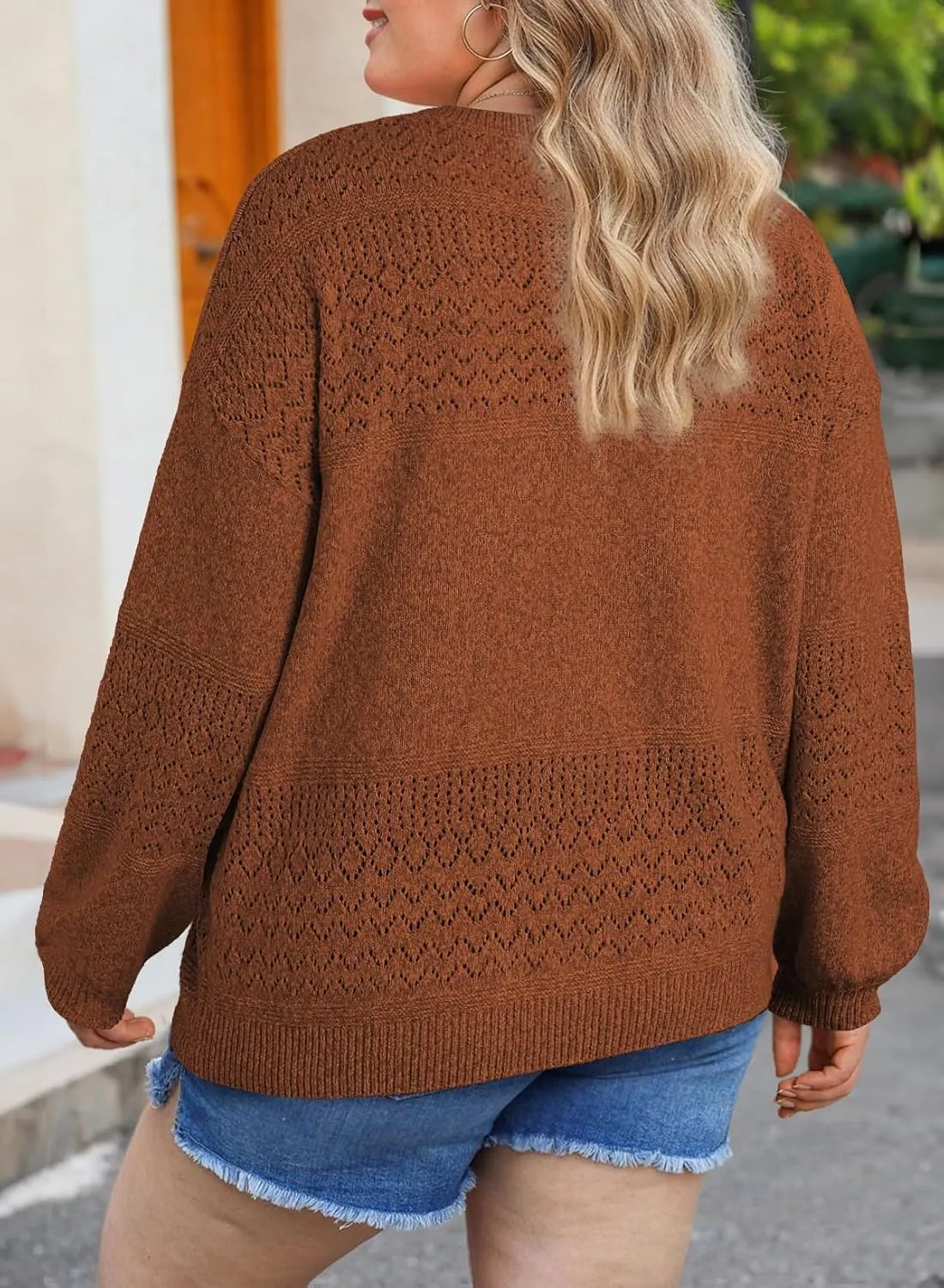 Eytino Womens Plus Size Sweater Casual Long Sleeve V Neck Crochet Knit Lightweight Pullover Sweater Tops(1X-5X)
