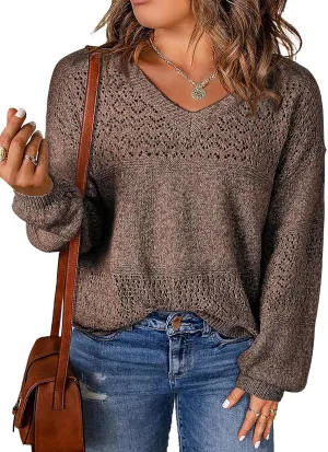 Eytino Womens Plus Size Sweater Casual Long Sleeve V Neck Crochet Knit Lightweight Pullover Sweater Tops(1X-5X)