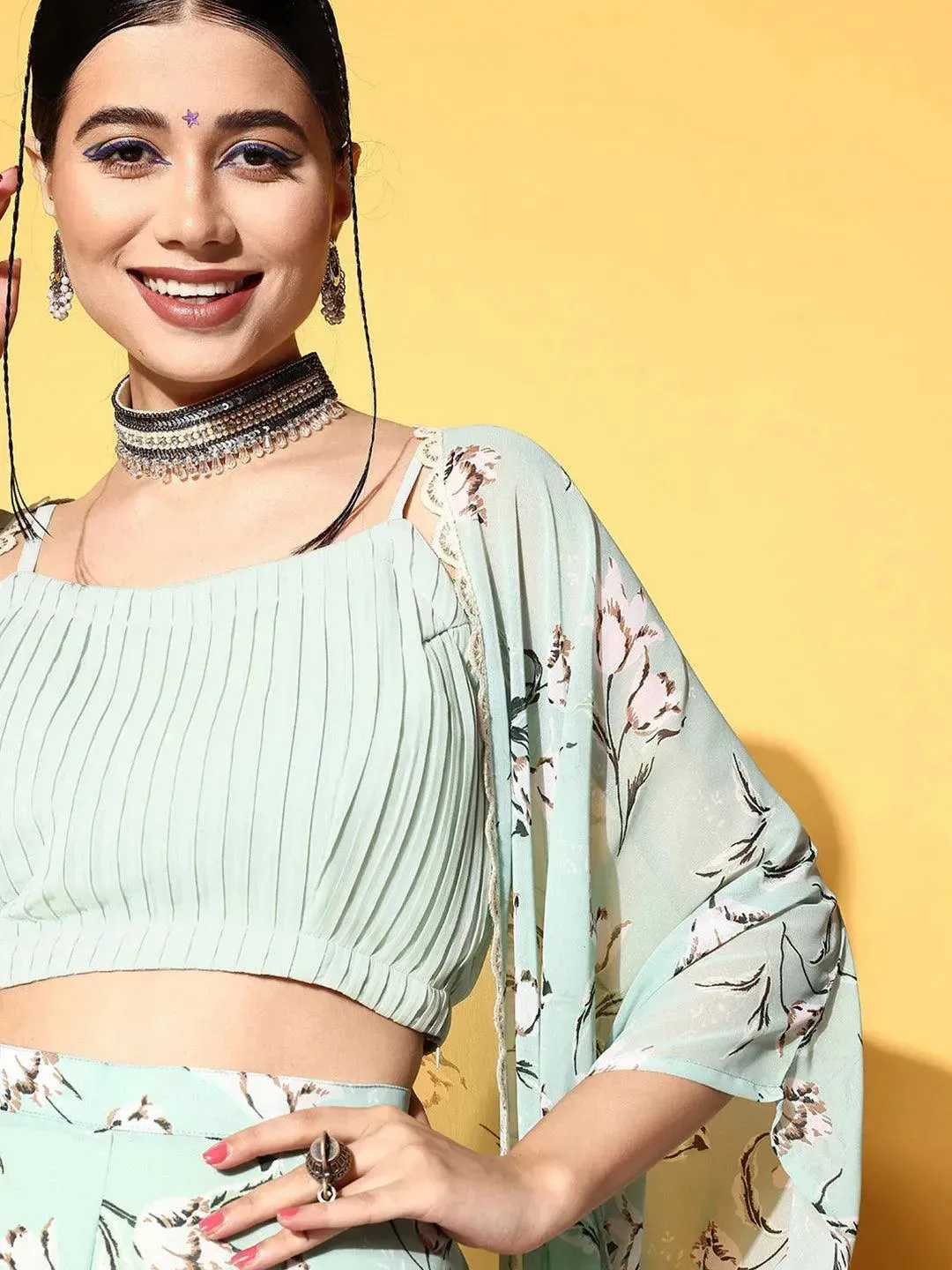 Green Solid Georgette 3 Piece Co-Ords