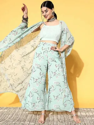 Green Solid Georgette 3 Piece Co-Ords