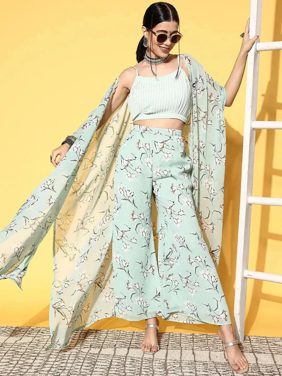 Green Solid Georgette 3 Piece Co-Ords