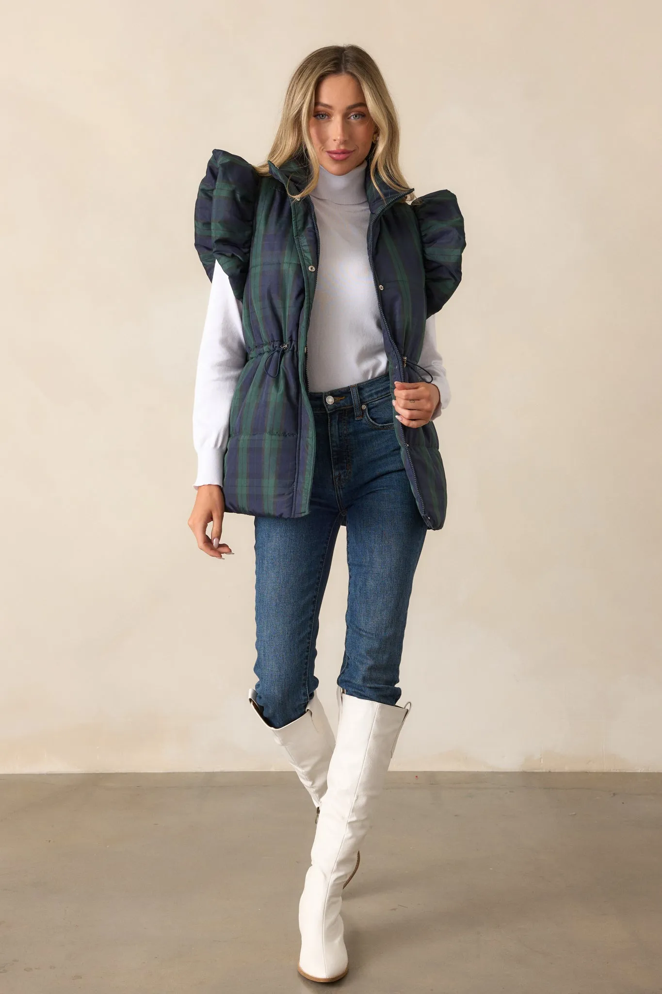 I Found You Navy Plaid Flutter Sleeve Puffer Vest