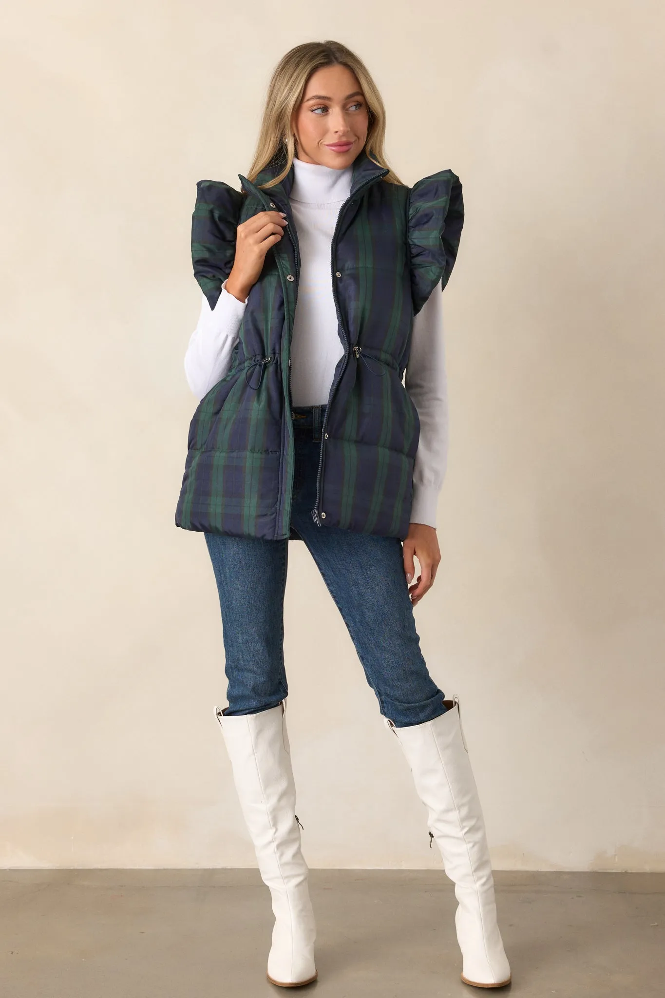 I Found You Navy Plaid Flutter Sleeve Puffer Vest