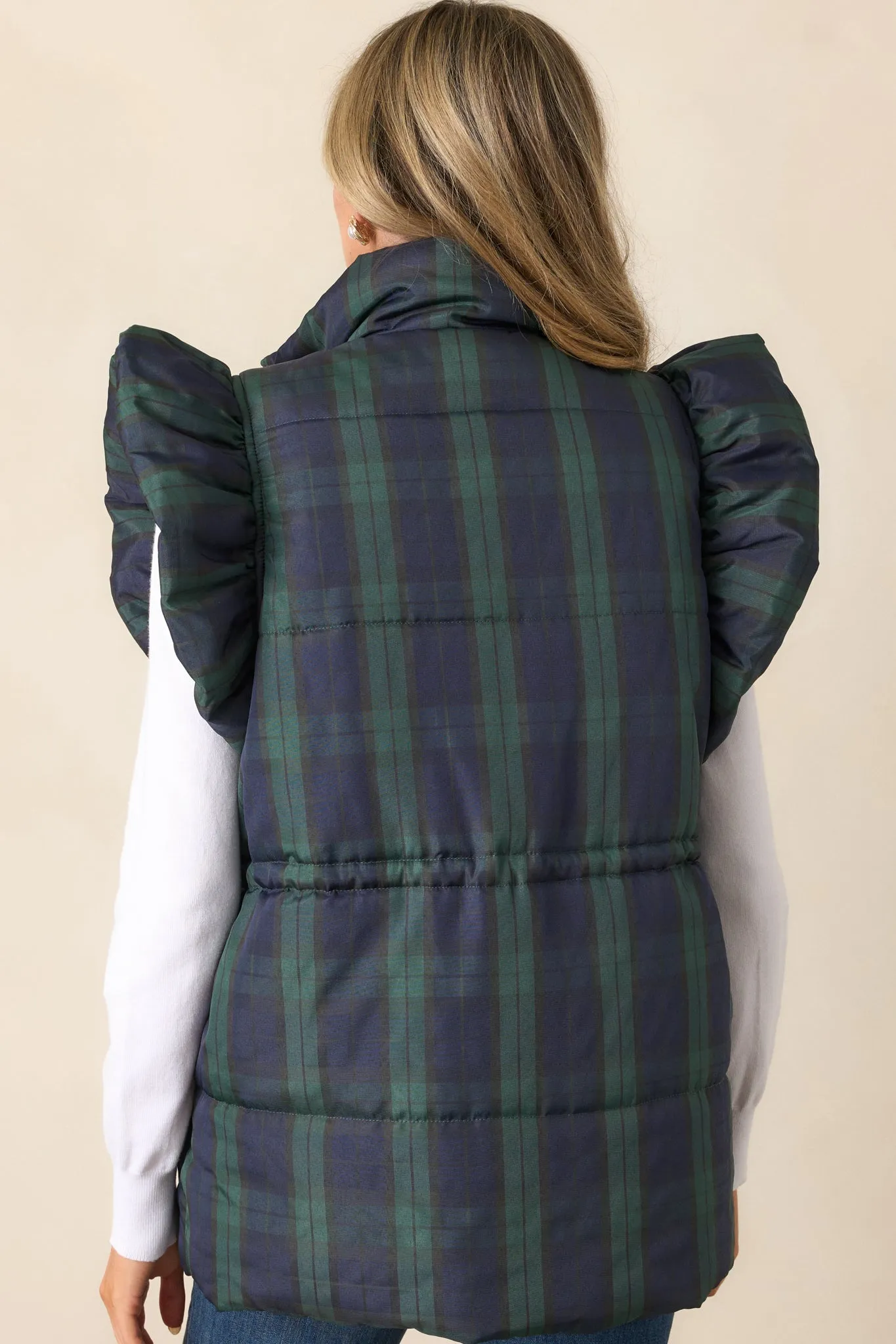 I Found You Navy Plaid Flutter Sleeve Puffer Vest