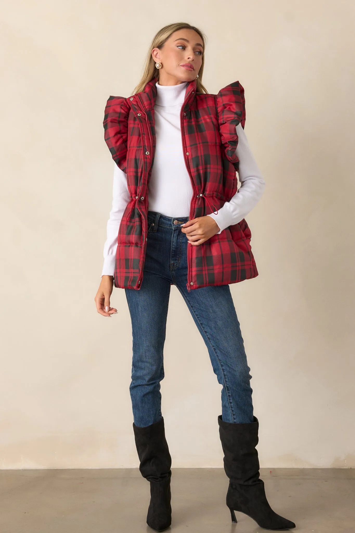 I Found You Red Plaid Flutter Sleeve Puffer Vest