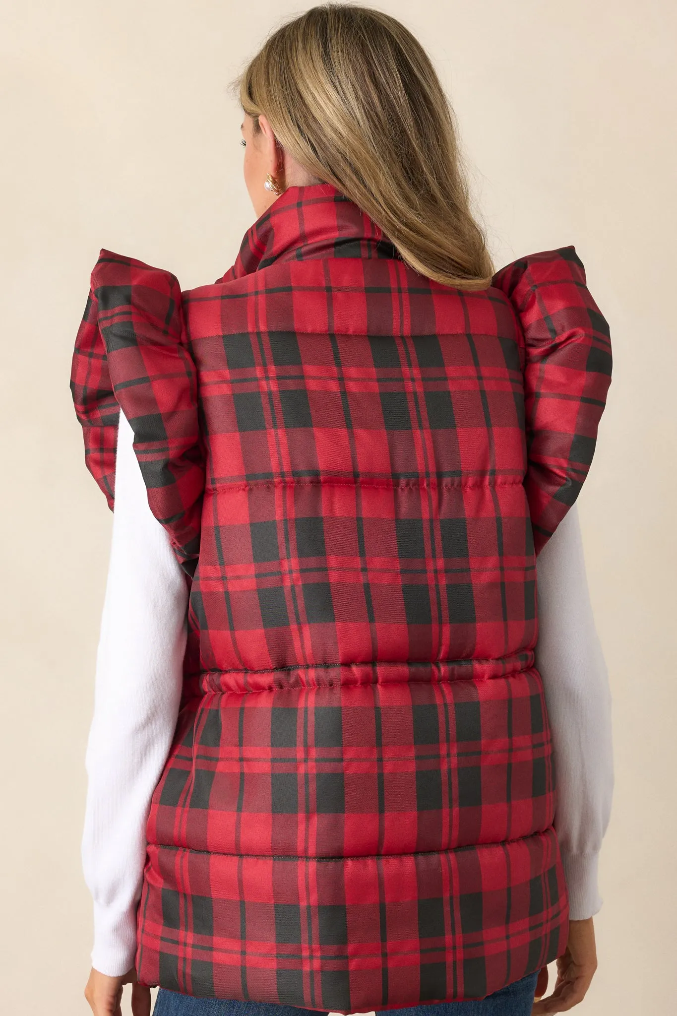 I Found You Red Plaid Flutter Sleeve Puffer Vest