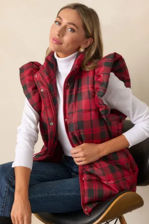 I Found You Red Plaid Flutter Sleeve Puffer Vest