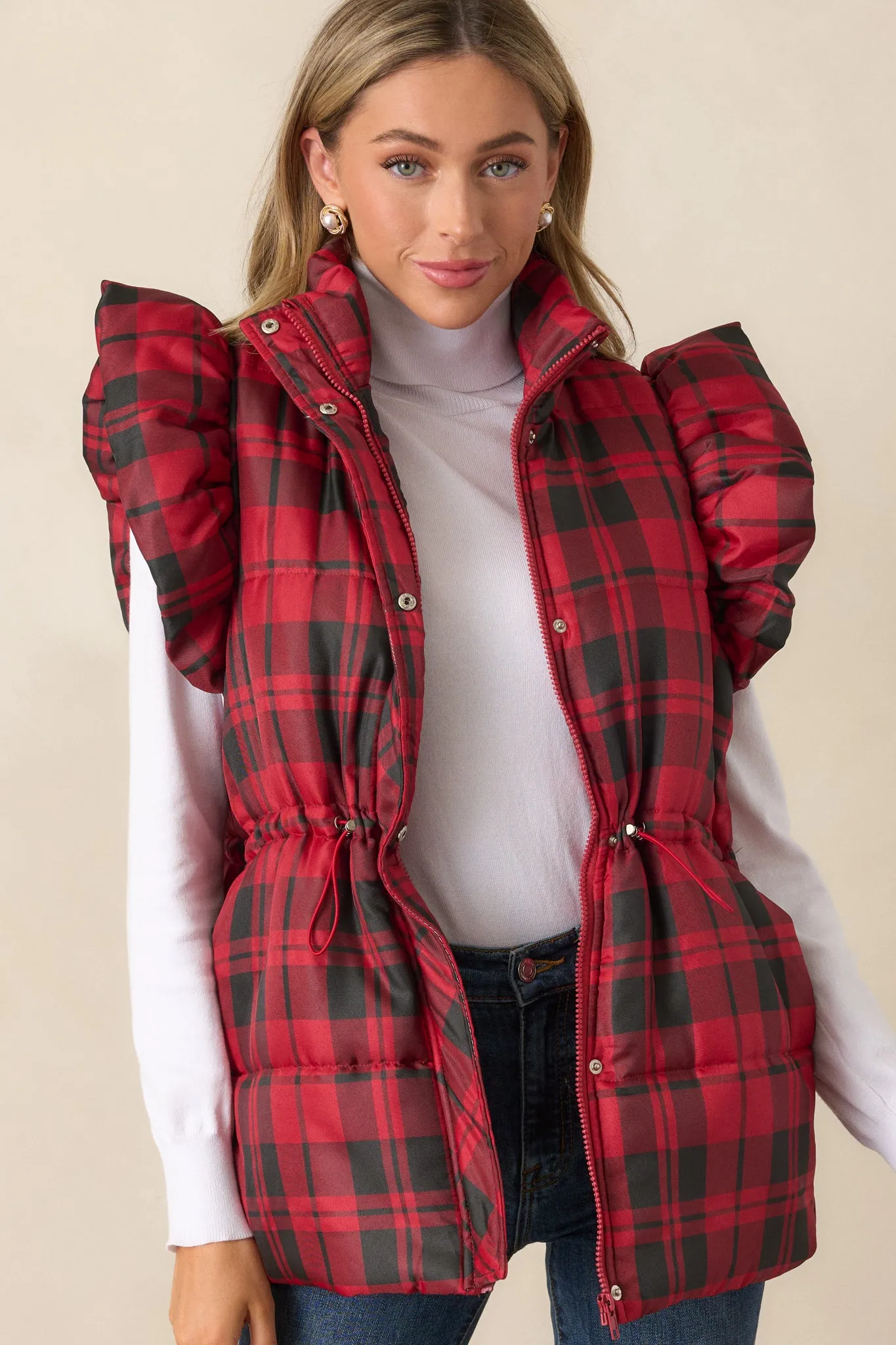I Found You Red Plaid Flutter Sleeve Puffer Vest