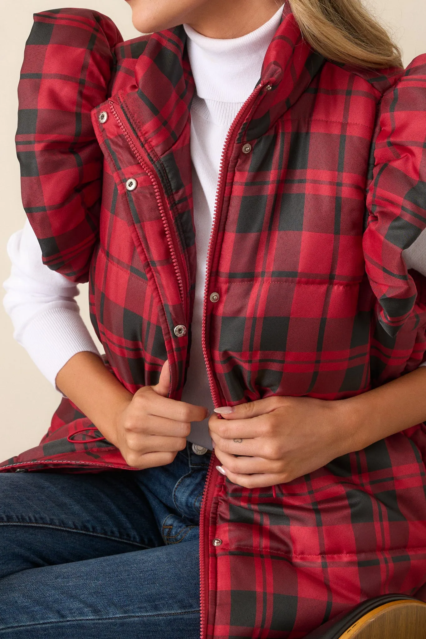 I Found You Red Plaid Flutter Sleeve Puffer Vest