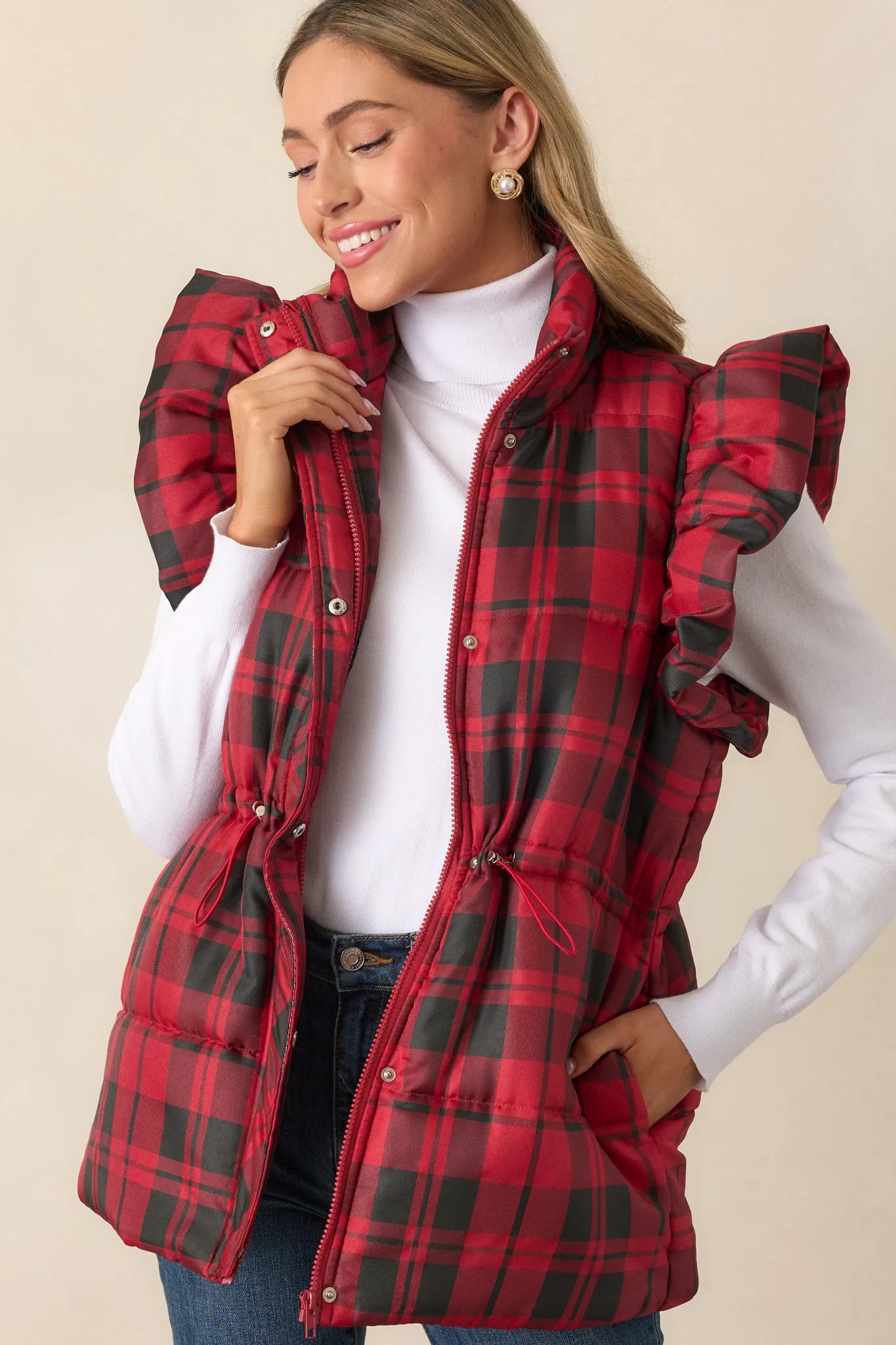 I Found You Red Plaid Flutter Sleeve Puffer Vest