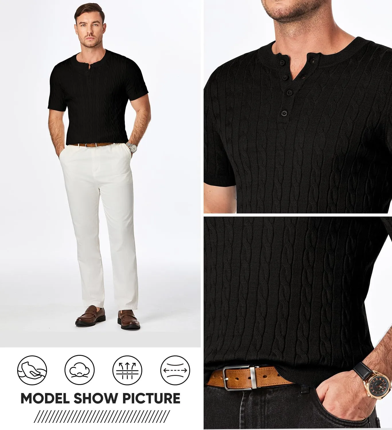 JMIERR Men's Knit Henley Shirts Casual Short Sleeve Button T-Shirt Cable Knitted Polo Shirts Golf Shirt