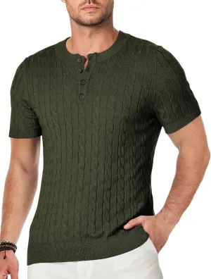 JMIERR Men's Knit Henley Shirts Casual Short Sleeve Button T-Shirt Cable Knitted Polo Shirts Golf Shirt