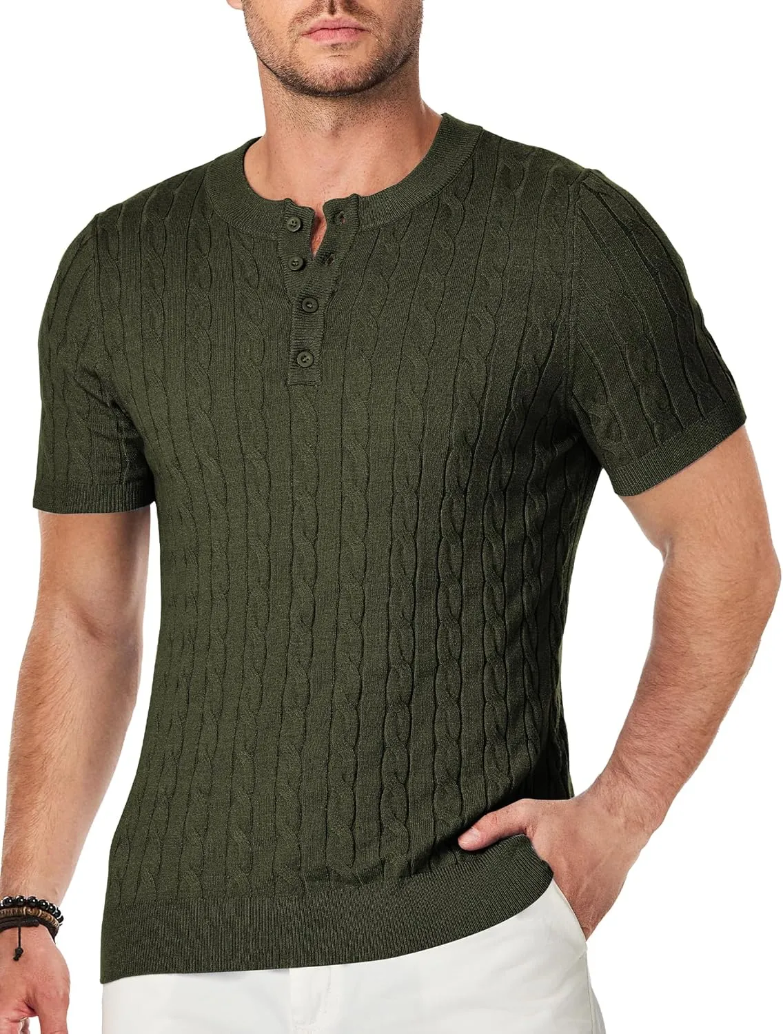 JMIERR Men's Knit Henley Shirts Casual Short Sleeve Button T-Shirt Cable Knitted Polo Shirts Golf Shirt