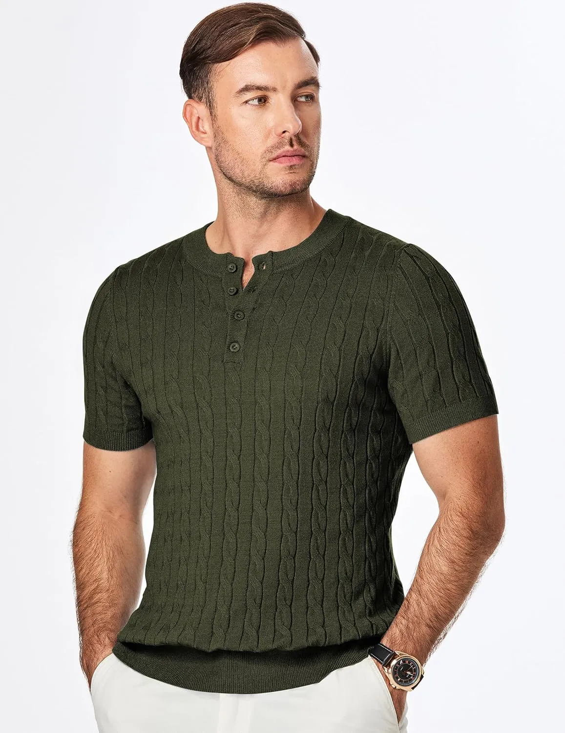 JMIERR Men's Knit Henley Shirts Casual Short Sleeve Button T-Shirt Cable Knitted Polo Shirts Golf Shirt