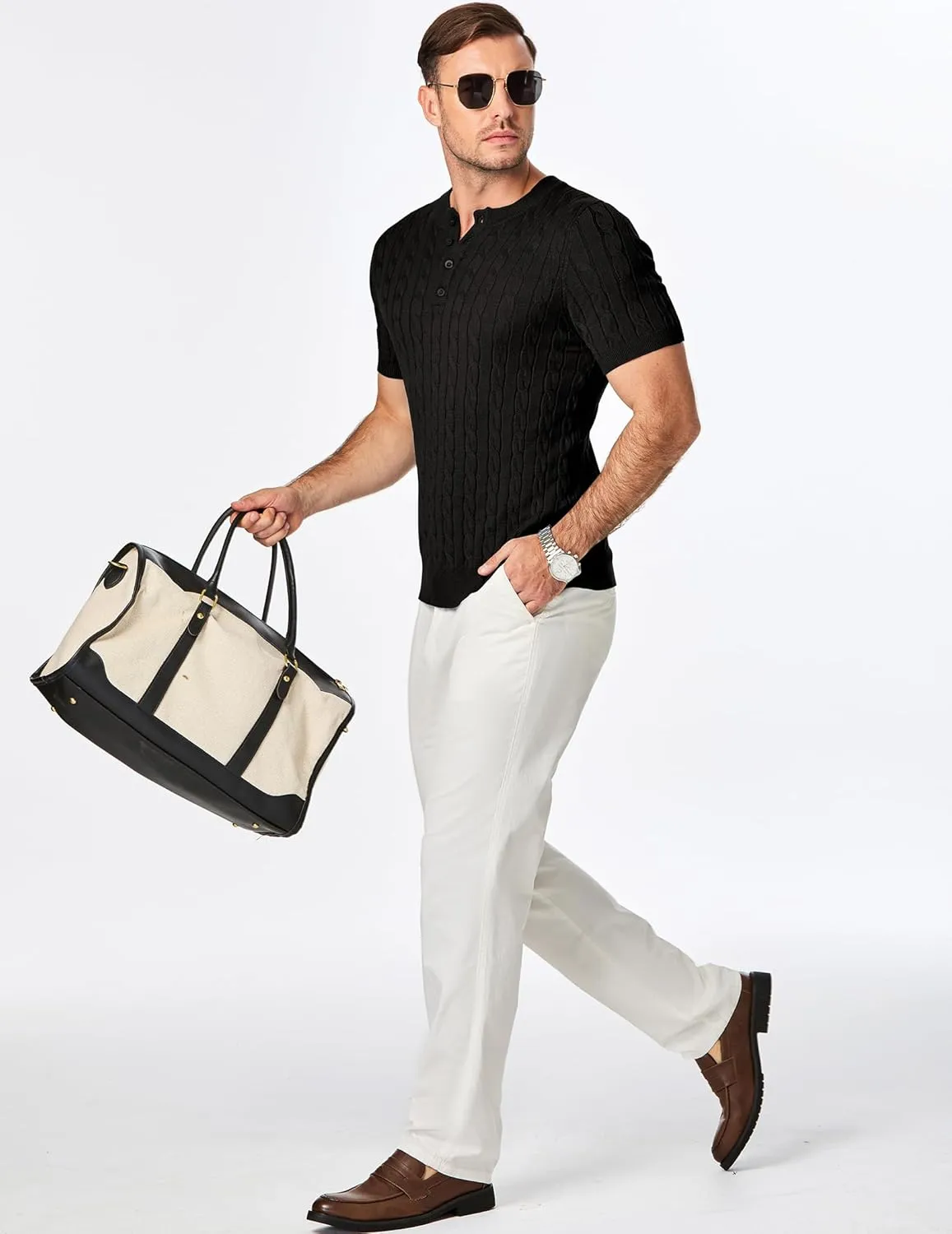 JMIERR Men's Knit Henley Shirts Casual Short Sleeve Button T-Shirt Cable Knitted Polo Shirts Golf Shirt