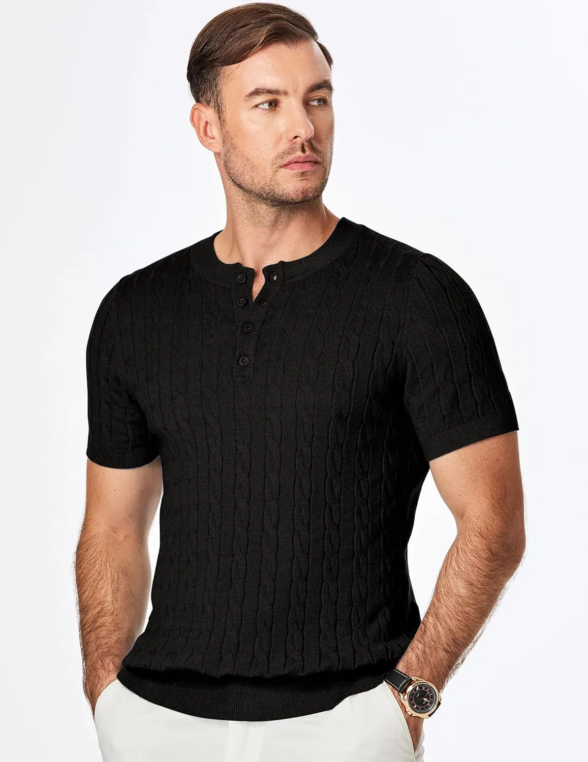 JMIERR Men's Knit Henley Shirts Casual Short Sleeve Button T-Shirt Cable Knitted Polo Shirts Golf Shirt