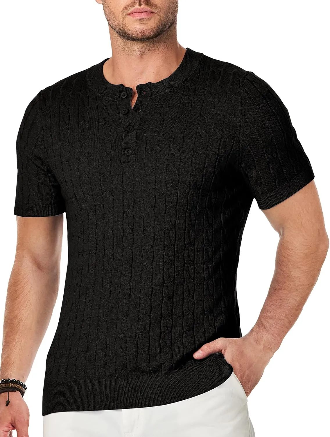JMIERR Men's Knit Henley Shirts Casual Short Sleeve Button T-Shirt Cable Knitted Polo Shirts Golf Shirt