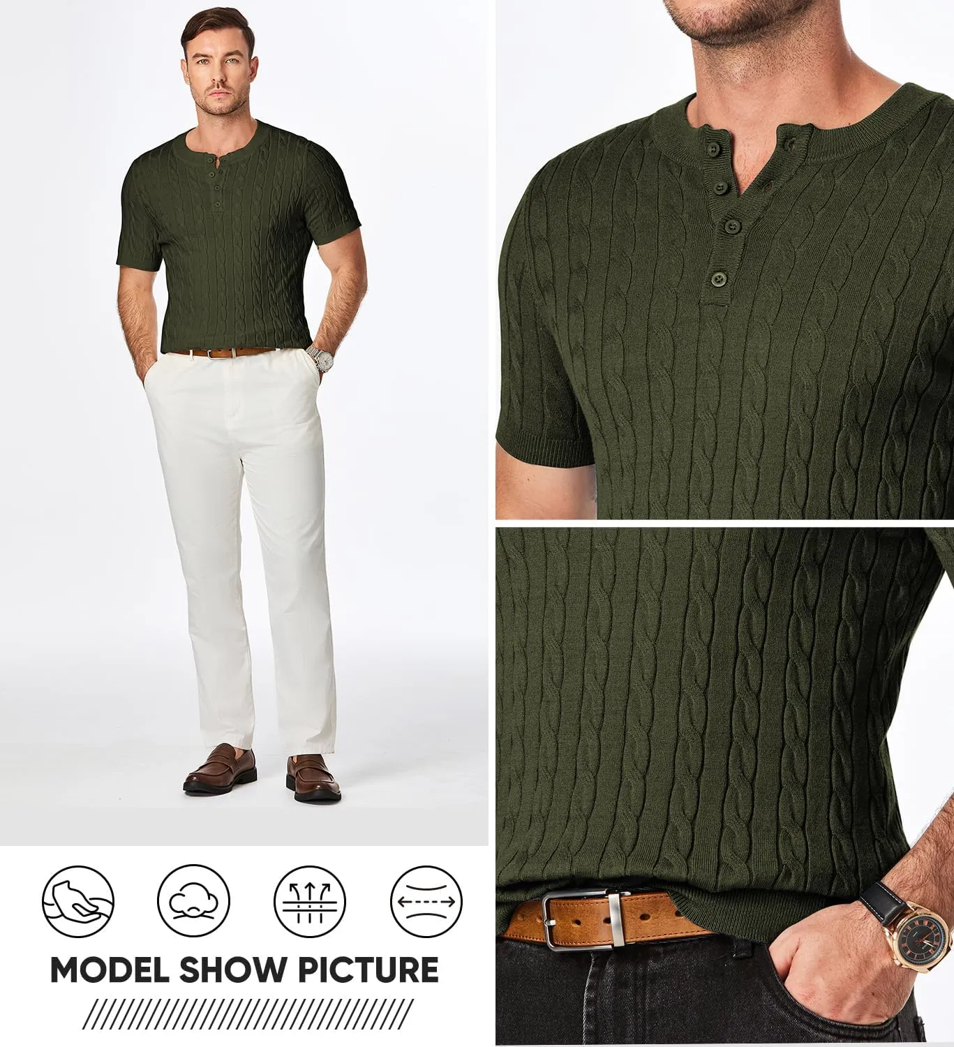 JMIERR Men's Knit Henley Shirts Casual Short Sleeve Button T-Shirt Cable Knitted Polo Shirts Golf Shirt