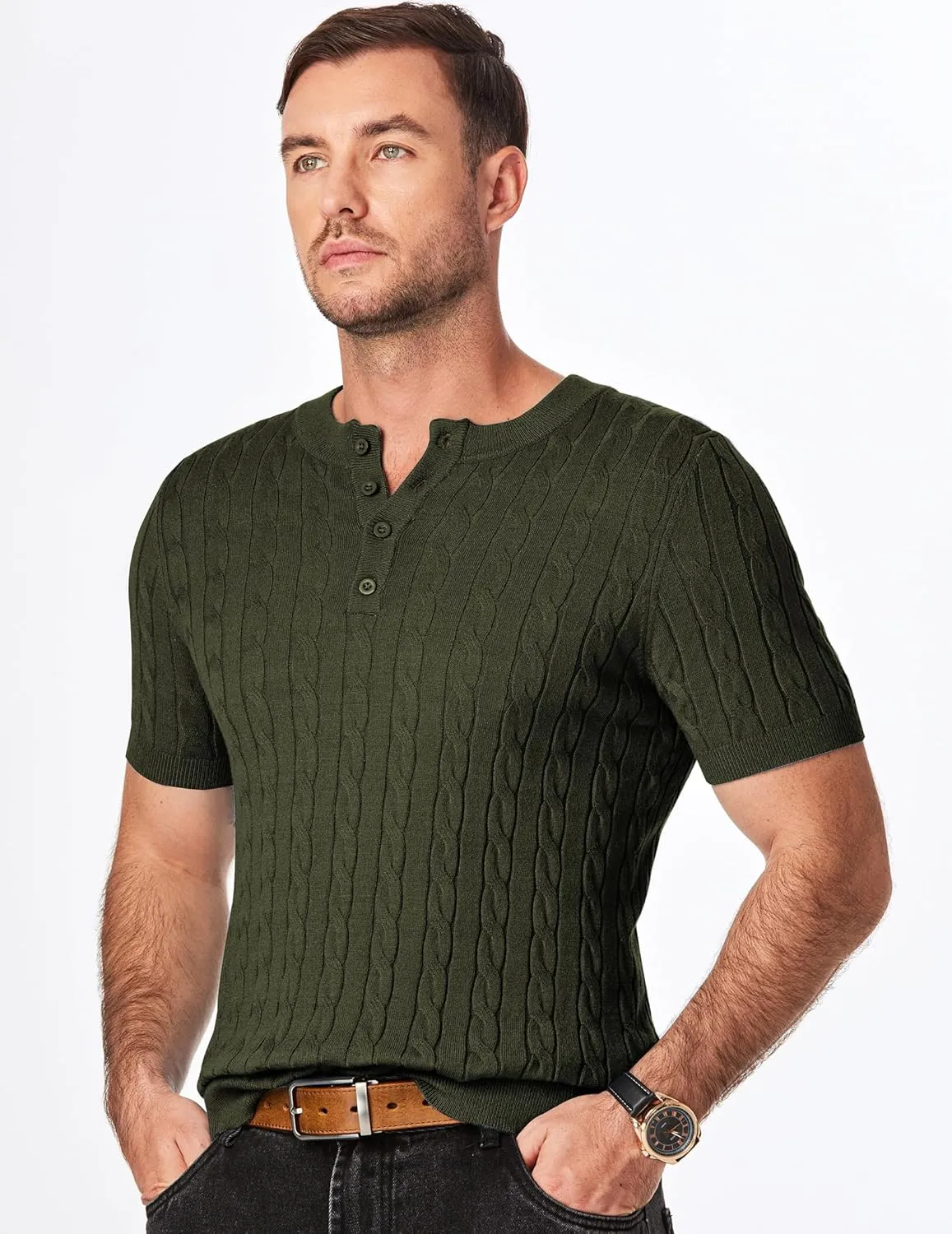 JMIERR Men's Knit Henley Shirts Casual Short Sleeve Button T-Shirt Cable Knitted Polo Shirts Golf Shirt