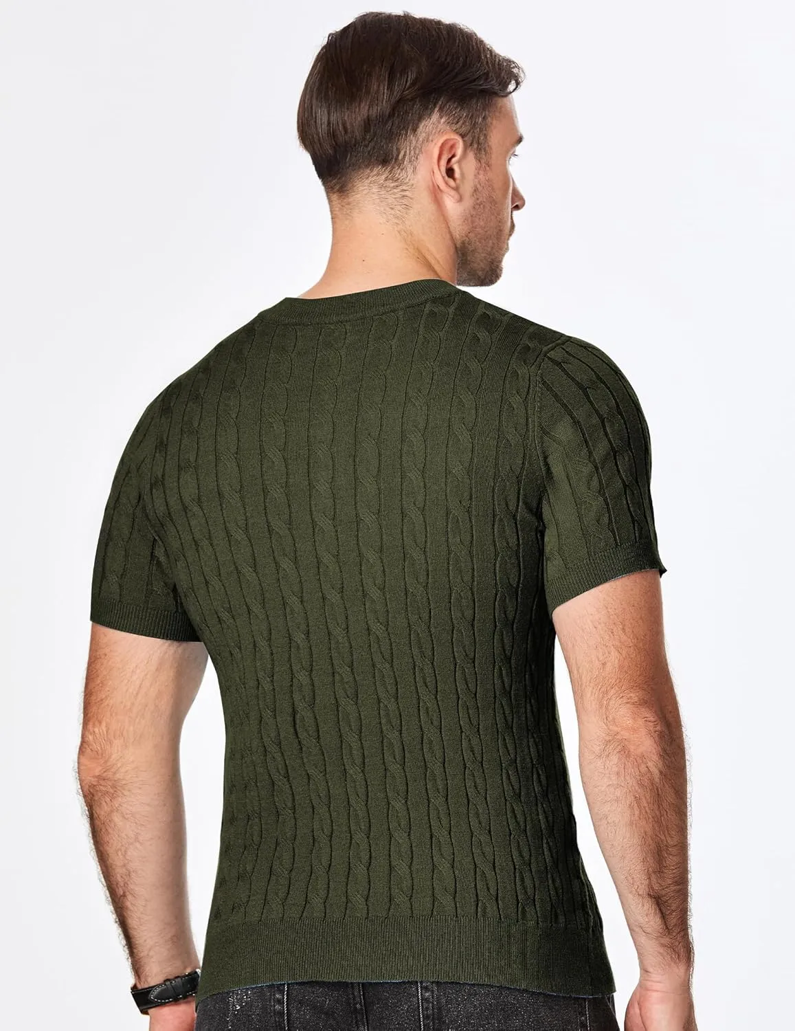JMIERR Men's Knit Henley Shirts Casual Short Sleeve Button T-Shirt Cable Knitted Polo Shirts Golf Shirt