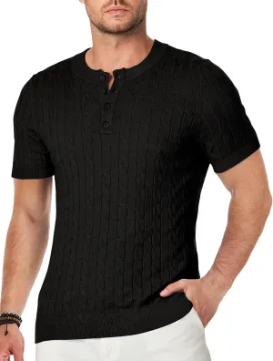 JMIERR Men's Knit Henley Shirts Casual Short Sleeve Button T-Shirt Cable Knitted Polo Shirts Golf Shirt