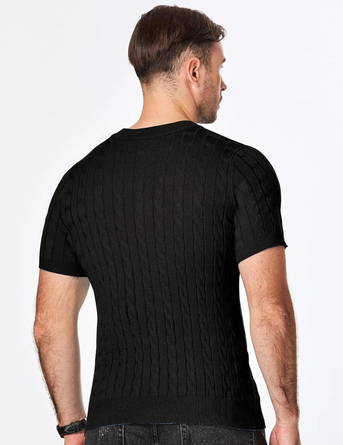 JMIERR Men's Knit Henley Shirts Casual Short Sleeve Button T-Shirt Cable Knitted Polo Shirts Golf Shirt