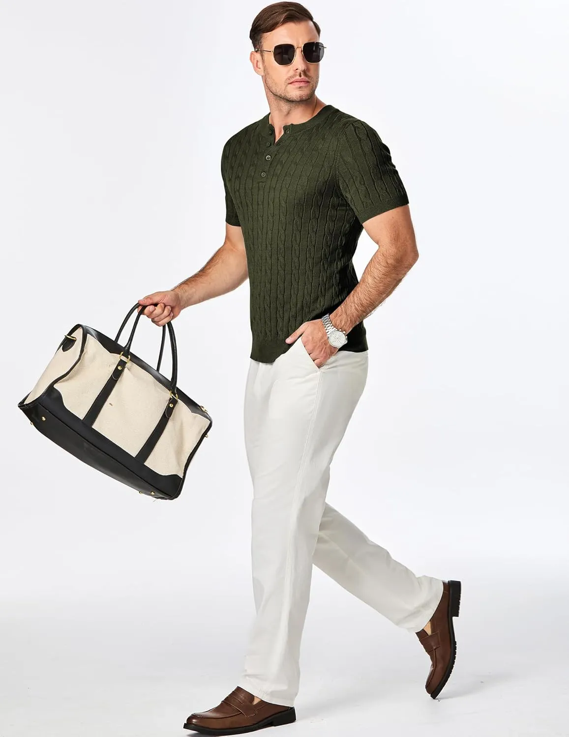 JMIERR Men's Knit Henley Shirts Casual Short Sleeve Button T-Shirt Cable Knitted Polo Shirts Golf Shirt