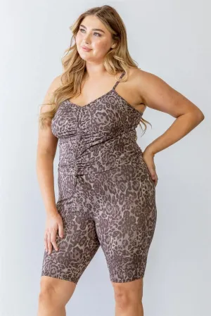 Junior Plus Mocha Leopard Print Elasticized Sleeveless Ruched Top & High Waist Shorts Set