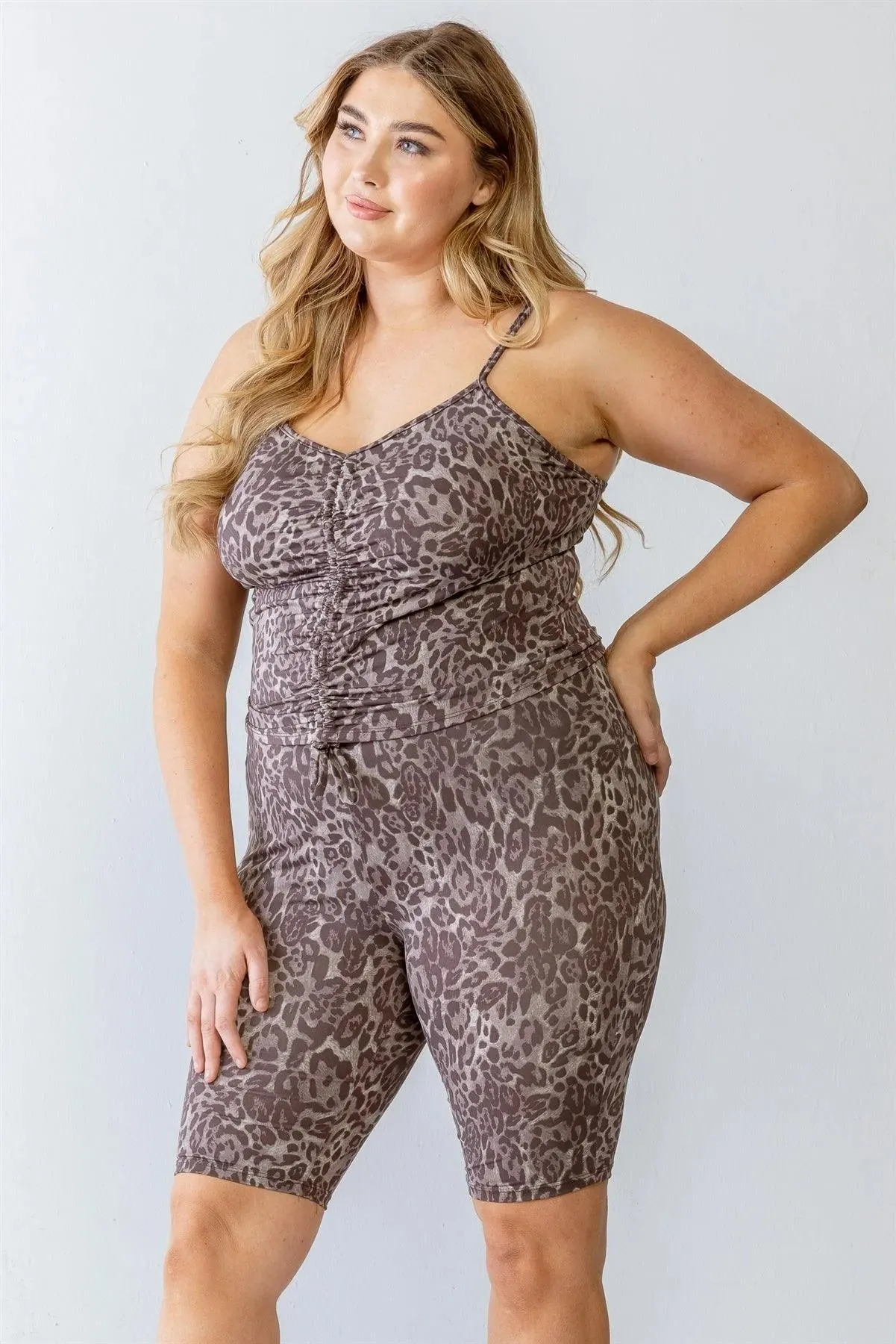 Junior Plus Mocha Leopard Print Elasticized Sleeveless Ruched Top & High Waist Shorts Set