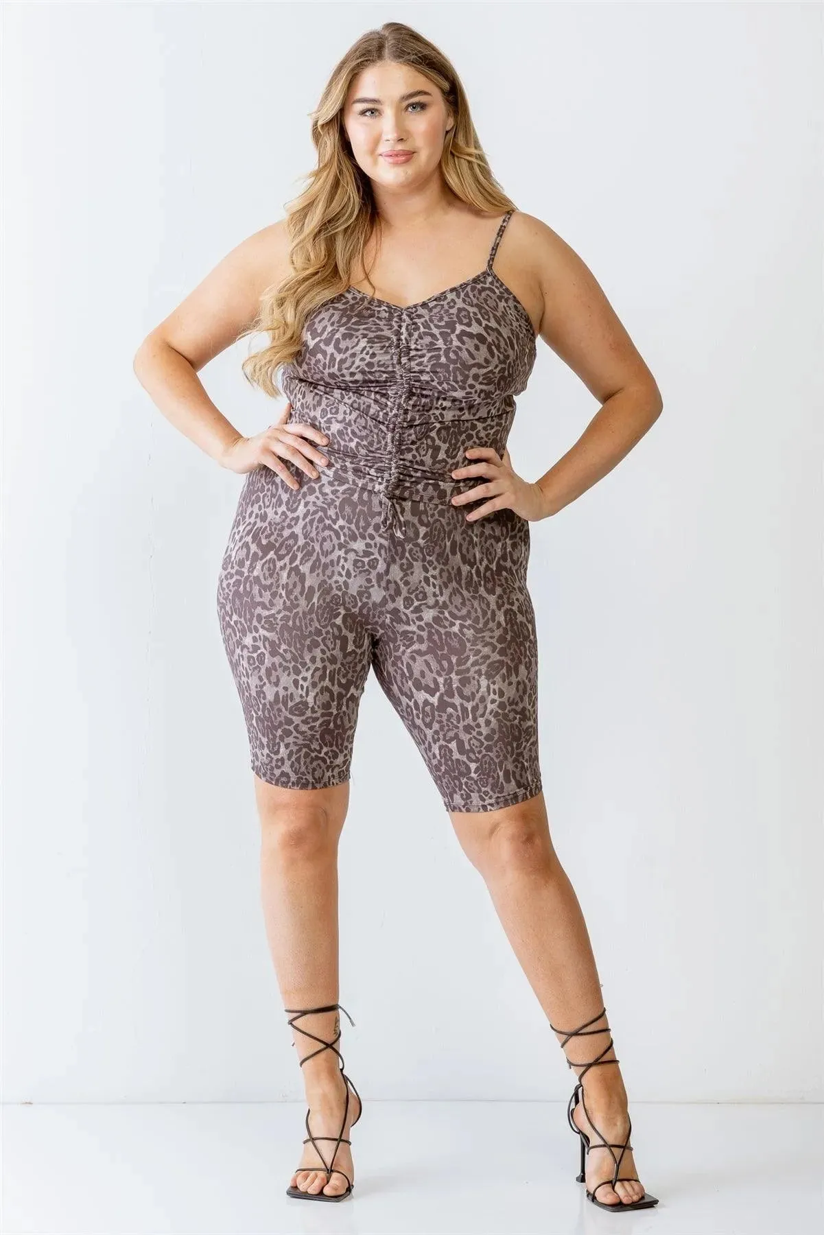 Junior Plus Mocha Leopard Print Elasticized Sleeveless Ruched Top & High Waist Shorts Set