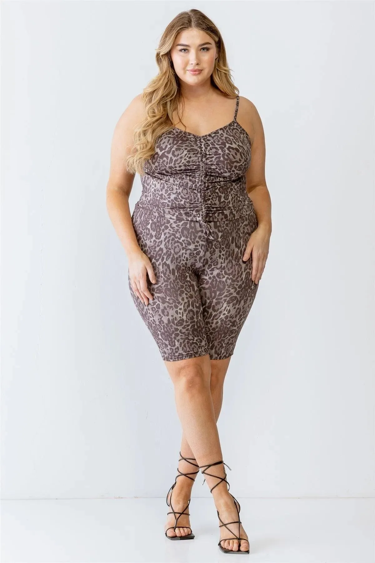 Junior Plus Mocha Leopard Print Elasticized Sleeveless Ruched Top & High Waist Shorts Set