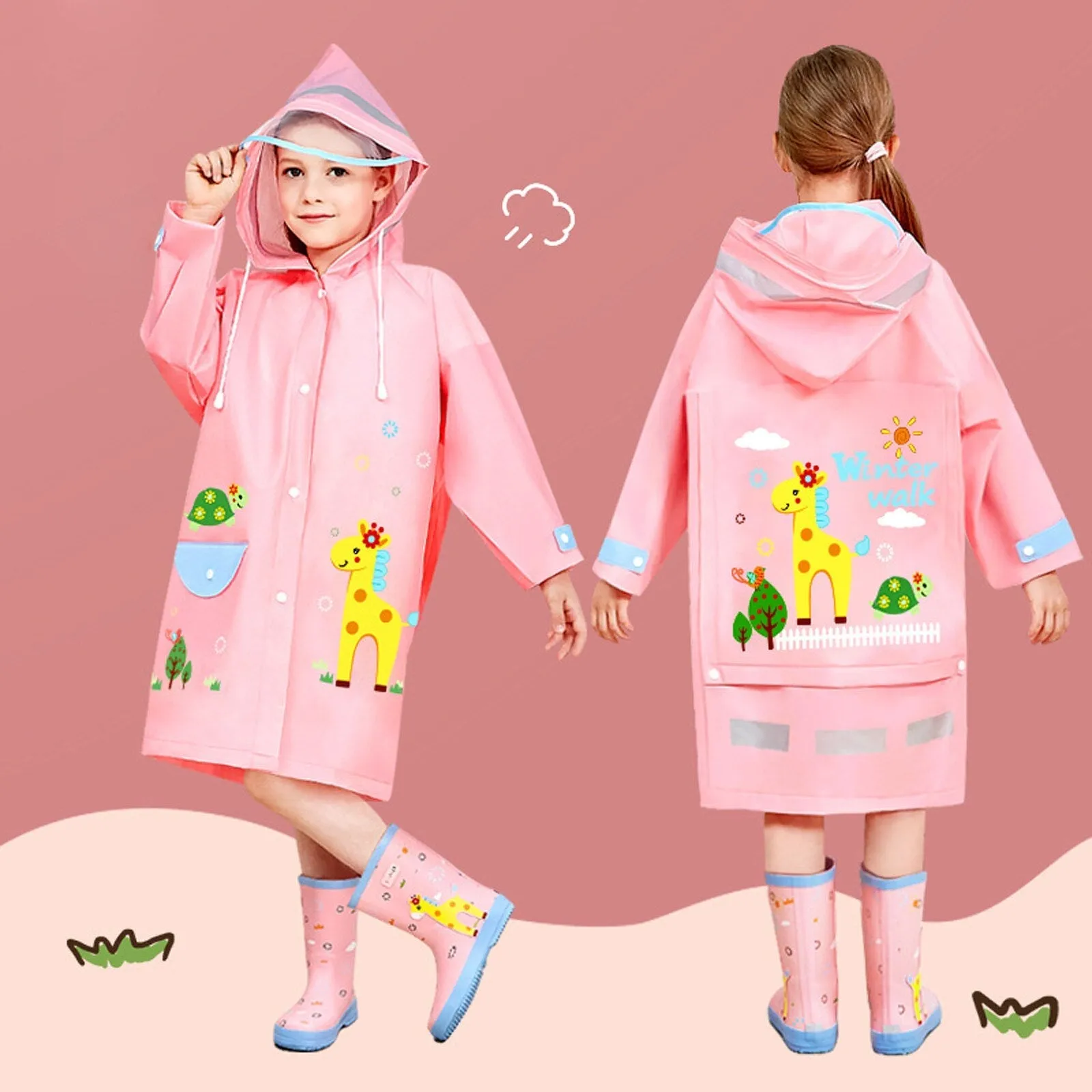 Kids Boys Girls Cartoon Print Hooded Raincoat