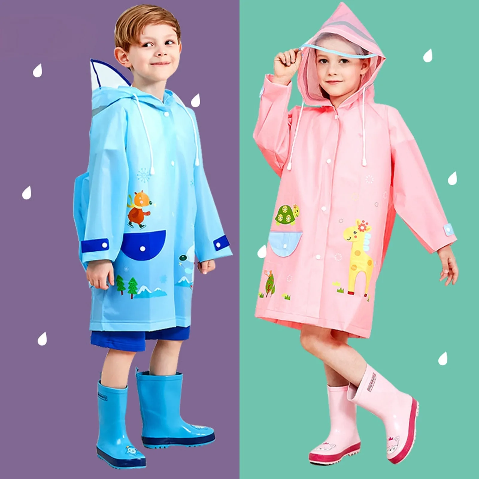 Kids Boys Girls Cartoon Print Hooded Raincoat