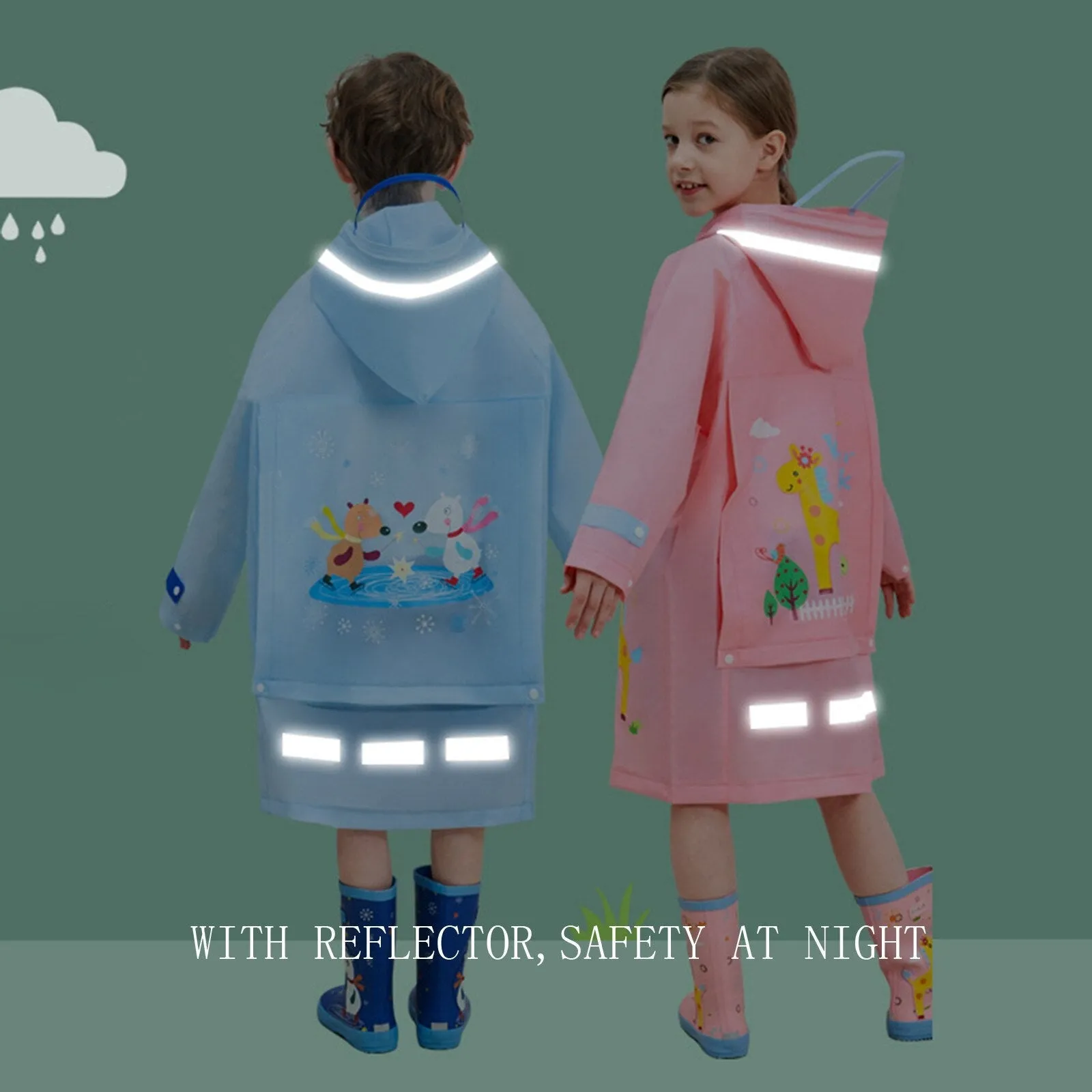 Kids Boys Girls Cartoon Print Hooded Raincoat