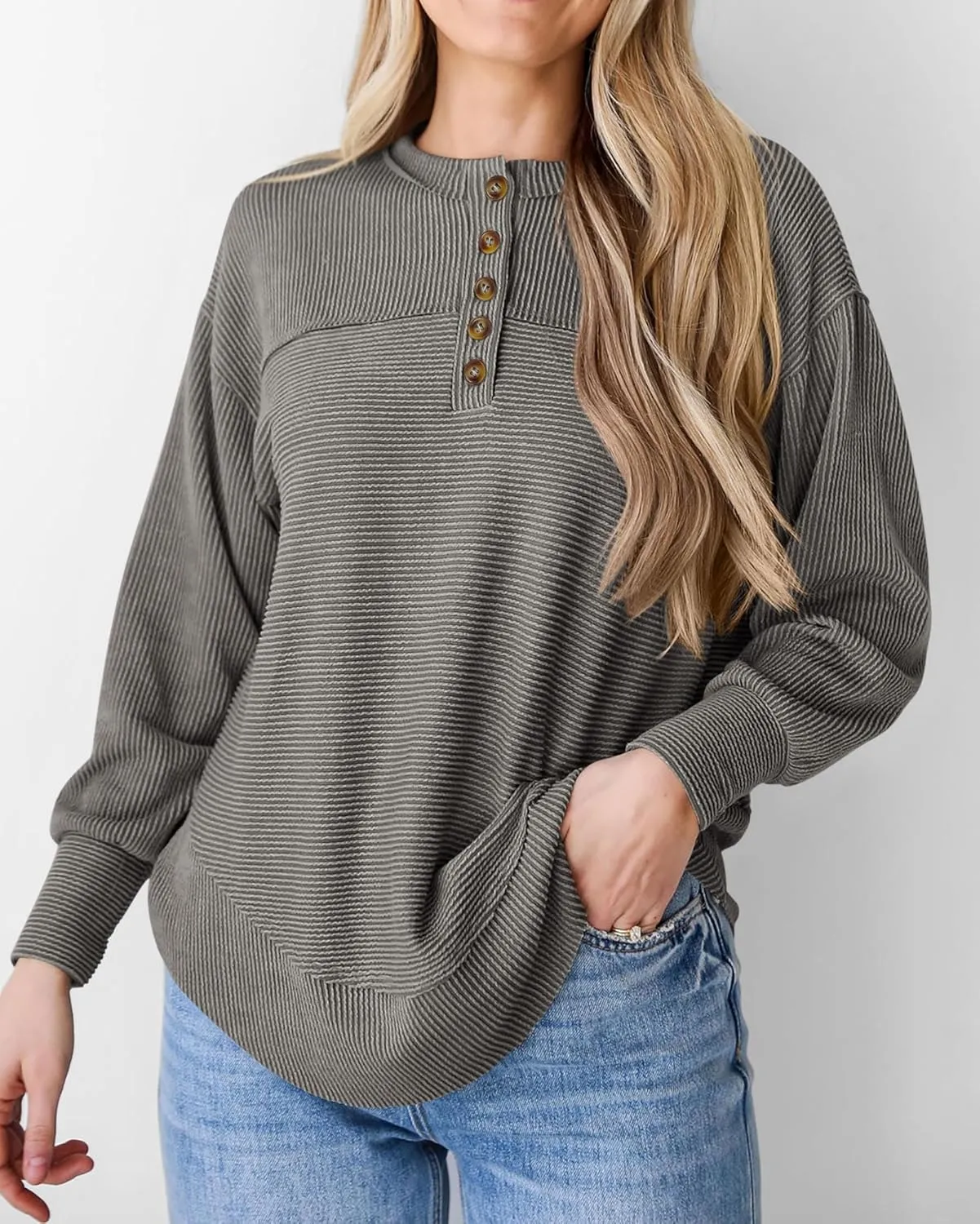 KIRUNDO Spring Tops for Women Henley Shirts 2025 Ribbed Knit Long Sleeve Tunic Button V Neck Loose Casual Blouse Clothing